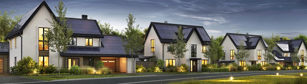 Modern upscale homes at dusk